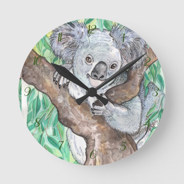 Relógio Redondo Koala na pintura em árvore de Eucalyptus (Frente)