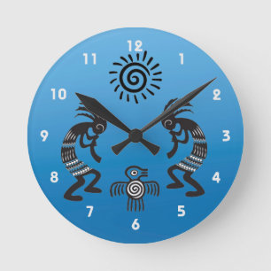 Relógio Redondo Kokopelli com símbolo nativo de sol e pássaro