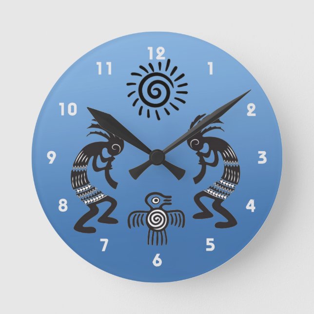 Relógio Redondo Kokopelli com símbolo nativo de sol e pássaro (Frente)