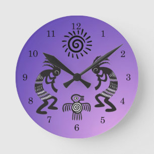 Relógio Redondo Kokopelli com símbolo nativo de sol e pássaro