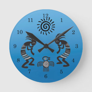 Relógio Redondo Kokopelli com símbolo nativo de sol e pássaro