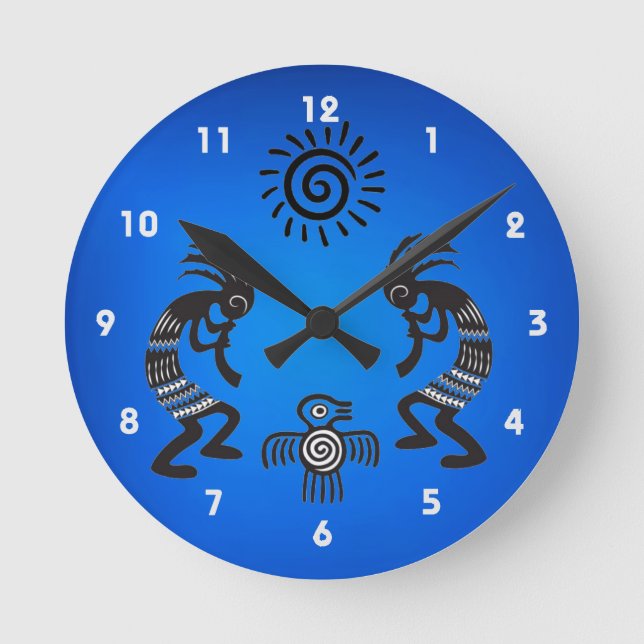 Relógio Redondo Kokopelli com símbolo nativo de sol e pássaro (Frente)