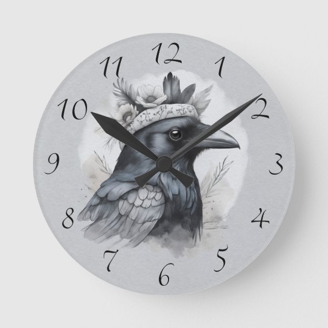 Relógio Redondo Krähe Crow Rabe Vogel Portrait mit Ziffern (Frente)