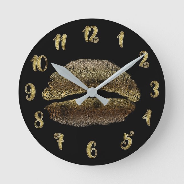 Relógio Redondo Lábios Dourados Lipstick Kiss Glamor Glam Chic (Frente)