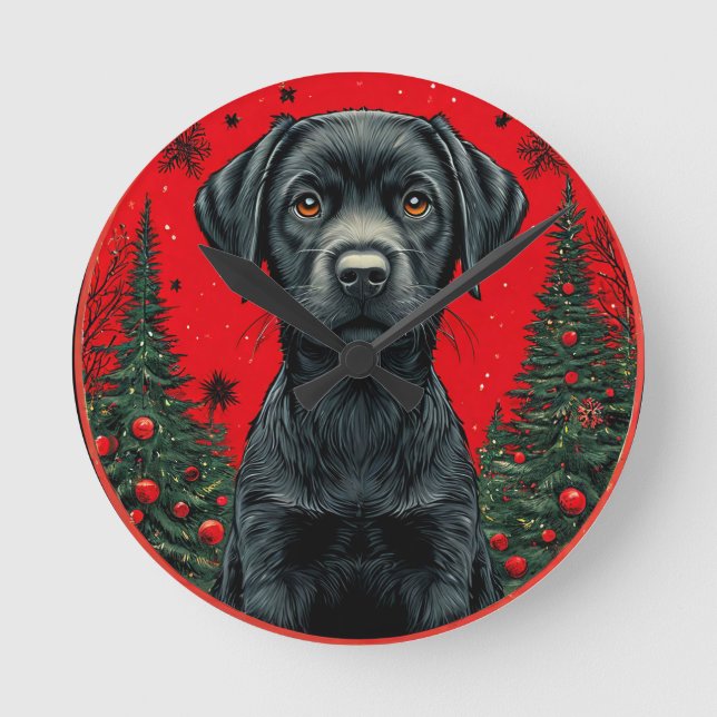 Relógio Redondo Labrador Preto de Natal com Árvores Festivas (Frente)