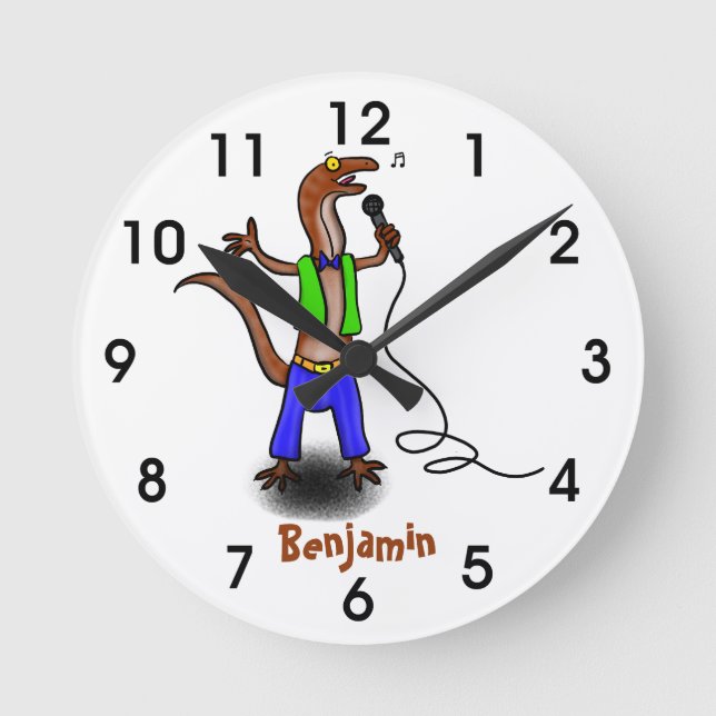 Relógio Redondo Lagarto engraçado cantando com desenho de microfon (Frente)