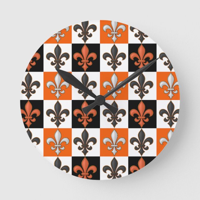 Relógio Redondo Laranja Preto-Branco-Verificado Design (Frente)