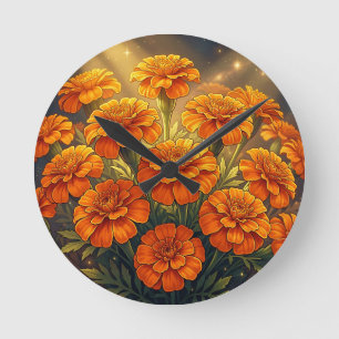 Relógio Redondo Laranja Vibrante Calendula Floral Galáxia Noite Es