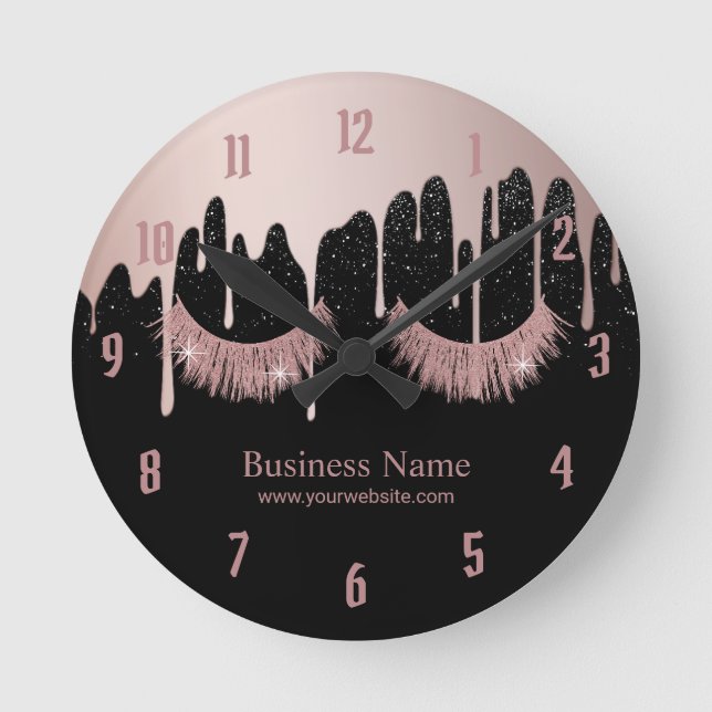 Relógio Redondo Lashes Makeup Artista Rosa de Lixo Dourado Salão (Frente)