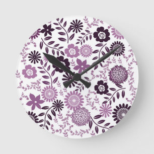 Relógio Redondo Lavanda e teste padrão roxo escuro florais