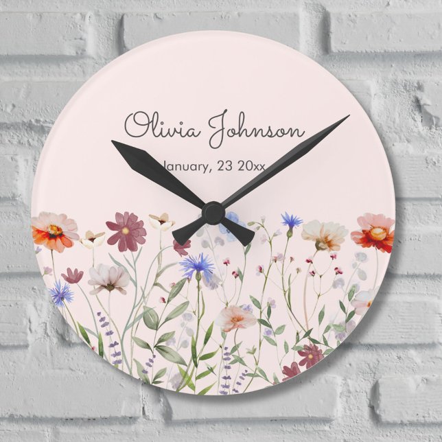 Relógio Redondo Lembrança do Nascimento do Bebê com Flor Silvestre (In situ)