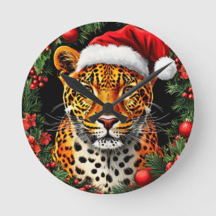 Relógio Redondo Leopardo Festivo Usando Chapéu de Papai Noel