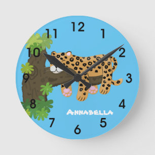 Relógio Redondo Leopardo giro dormindo na ilustração de desenhos