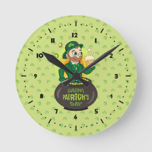 Relógio Redondo Leprecaína de desenho animado em pote de ouro segu