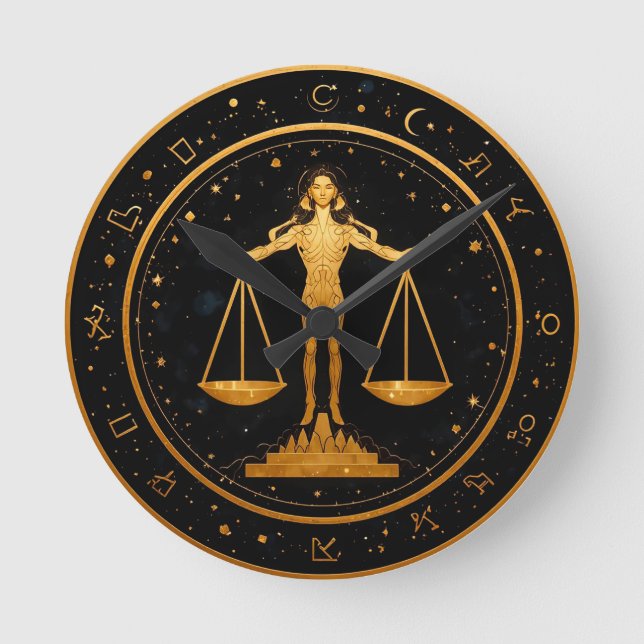 Relógio Redondo Libra Zodíaco Balança de Ouro (Frente)