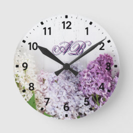 Relógio Redondo Lilac Monogram Wall Clock | Personalized Floral 