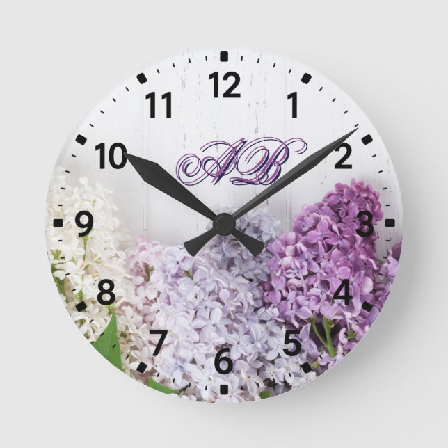 Relógio Redondo Lilac Monogram Wall Clock | Personalized Floral  (Frente)