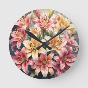 Relógio Redondo Lilies Vibrantes Rosa Laranja Branco Aquarela Flor