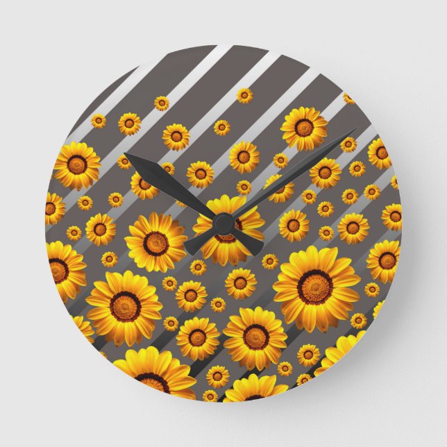 Relógio Redondo Lindas flores amarelas nas cinzas, listras pratead (Frente)