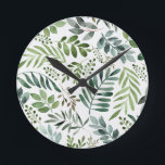 Relógio Redondo Lindas Folhas Botânicas De Aquarela<br><div class="desc">Mola d'água pintada com vegetação verde folha rústica botânica padrão</div>