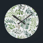 Relógio Redondo Lindas Folhas Botânicas De Aquarela<br><div class="desc">Mola d'água pintada com vegetação verde folha rústica botânica padrão</div>