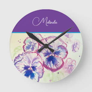 Relógio Redondo Lindo Floral Pastel Pansy Roxo Aquarela
