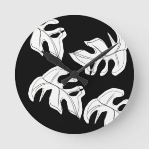 Relógio Redondo Linha Monstera Arte Gesto Desenhado Branco Preto