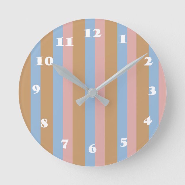Relógio Redondo Listras de Ócre, Rosa e Azul (Frente)