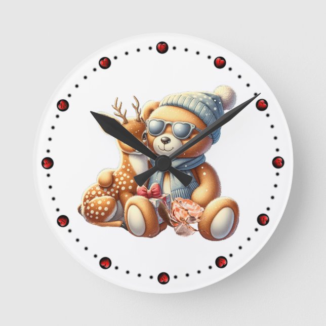 Relógio Redondo Little bear with fawn in arms winter Christmas (Frente)