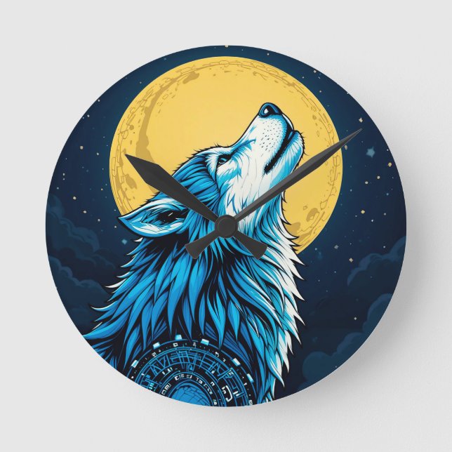 Relógio Redondo Lobo Azul Místico Uivando para uma Lua Cheia (Frente)