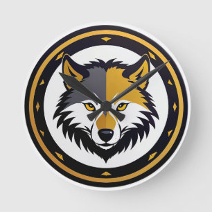 Relógio Redondo Logotipo de Emblema de Lobo com Círculo Dourado