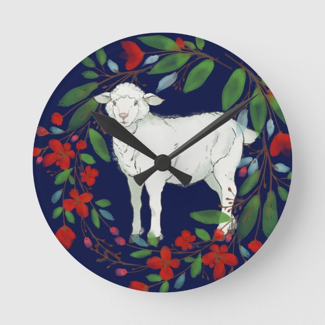 Relógio Redondo Love One Another | Lamb & Floral Wall Clock (Frente)