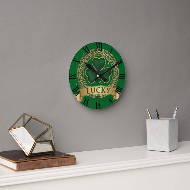 Relógio Redondo Lucky St Patrick's Day Shamrock Irish Roman Clock (Escritório)