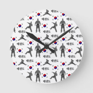 Relógio Redondo Lutador de Taekwondo Arte Marcial 태권도 Bandeira da 