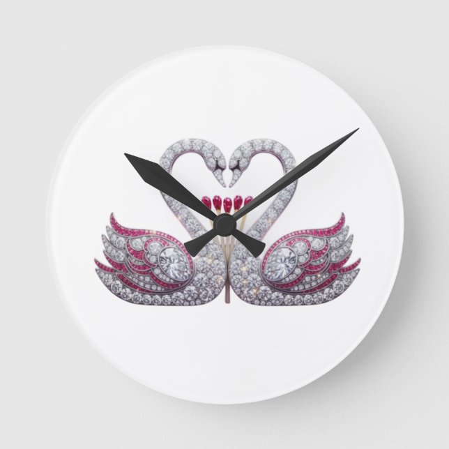 Relógio Redondo Luxury 3D Diamond Swans Heart - Elegant Wall Clock (Frente)
