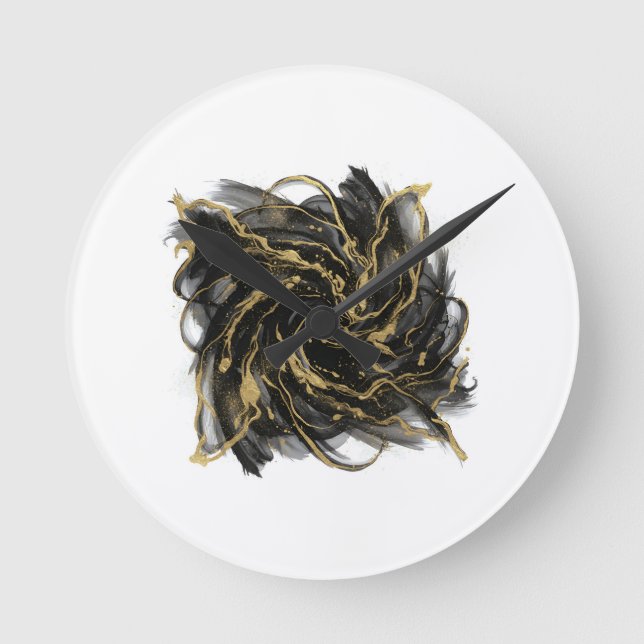 Relógio Redondo Luxury Gold and Black Abstract Marble Ink Flow (Frente)