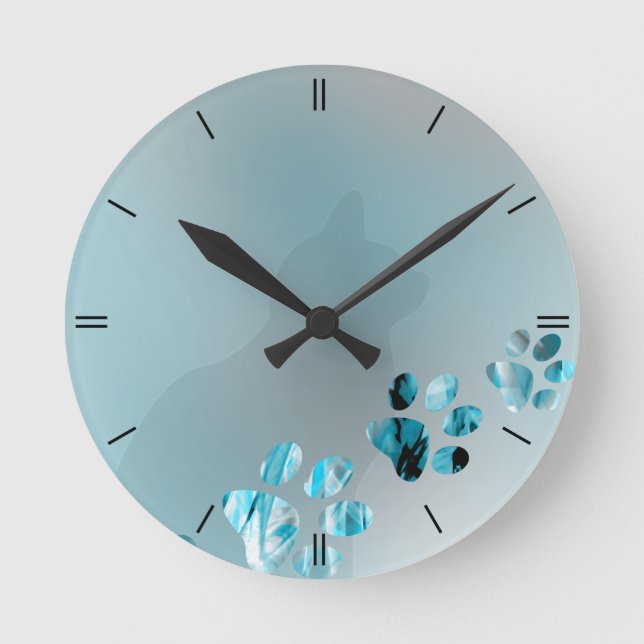 Relógio Redondo Luz da pata do gato - azul (Frente)