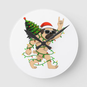 Relógio Redondo Luzes de Natal de Pug Engraçado na Árvore – Natal 