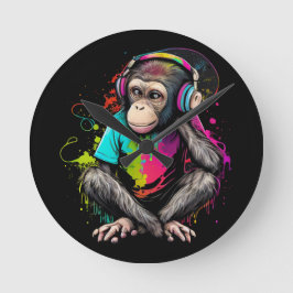 Relógio Redondo Macaco Bonito Ouvindo Música, Macaco Com Música Ob