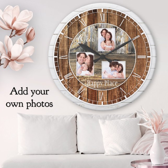 Relógio Redondo Madeira russa moderna 3 Fotografias (Rustic classic wall clock featuring printed wood panels with your own custom photos)