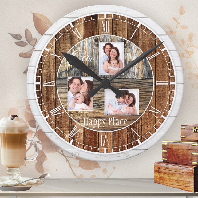 Relógio Redondo Madeira russa moderna 3 Fotografias (Rustic classic wall clock featuring printed wood panels with your own custom photos)