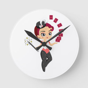 Relógio Redondo Mágica Feminina Chibi Fofa Realizando Magia de Car