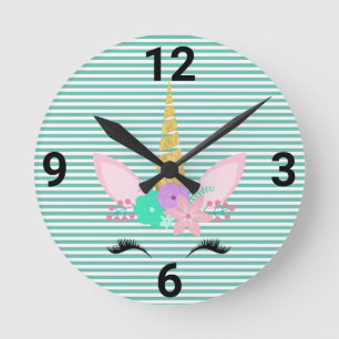 RELÓGIO REDONDO MAGICAL UNICORN AQUA GREEN STRIPE WALL CLOCK