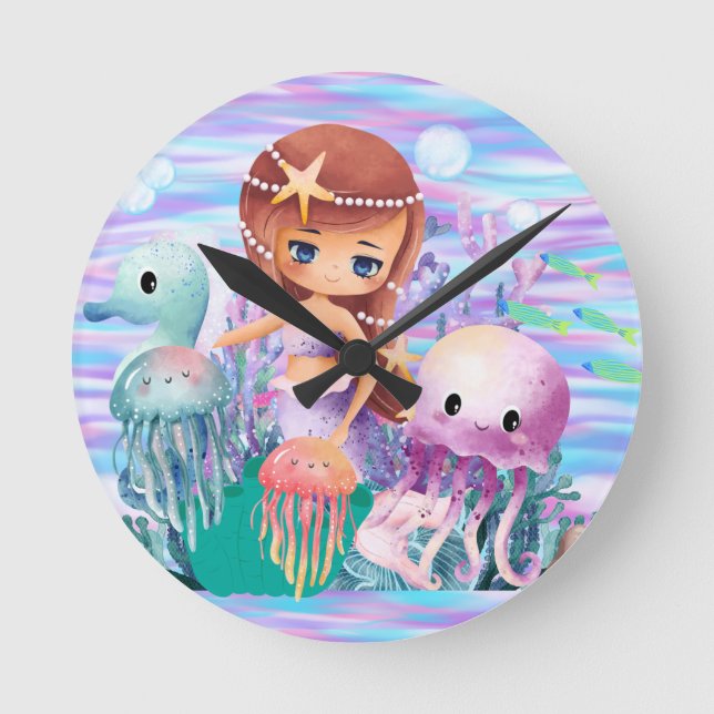 Relógio Redondo Mairmaid com uma estrela no cabelo brincando na bo (Frente)