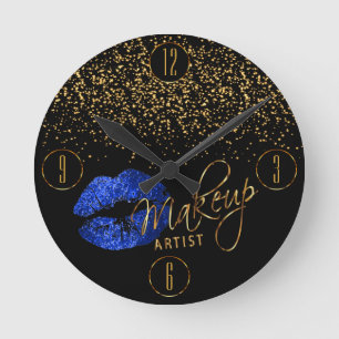Relógio Redondo Makeup Artist Blue Lábios e Confetti Dourado