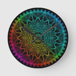 Relógio Redondo Mandala Arco-Íris Preto