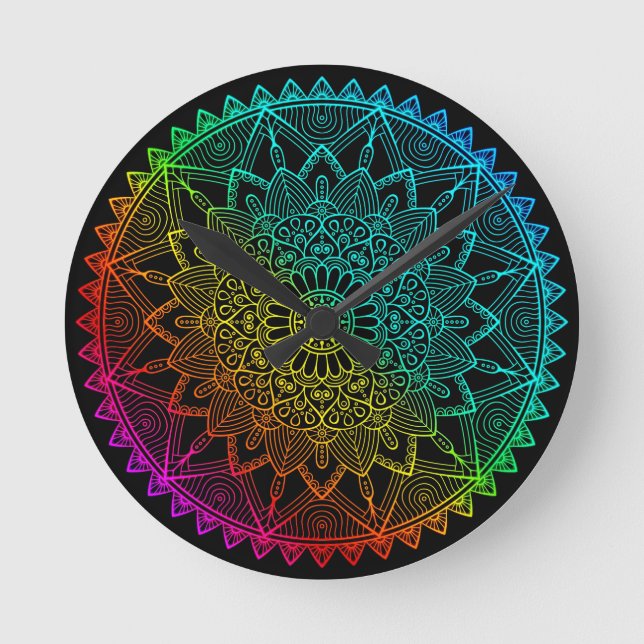 Relógio Redondo Mandala Arco-Íris Preto (Frente)