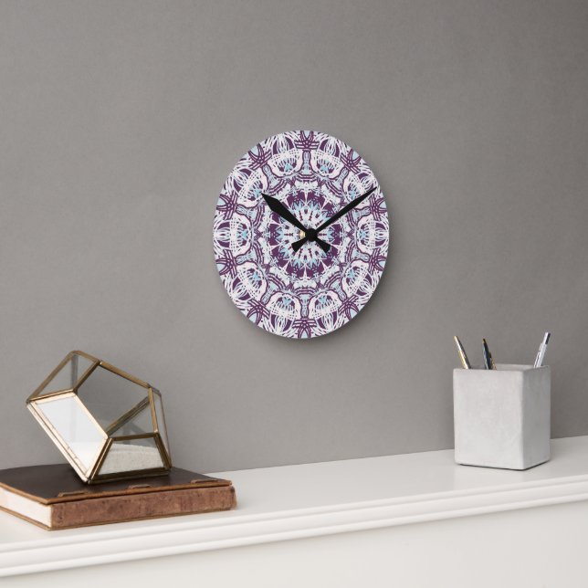 Relógio Redondo Mandala Espiritual Caleidoscópio Azul Roxo Branco. (Escritório)