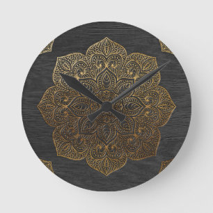 Relógio Redondo Mandala-ouro de madeira