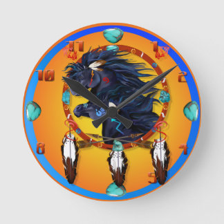 Relógio Redondo Mandala preta de dois cavalos